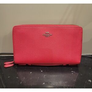 Coach Crossgrain Leather Double Zip Travel Wallet In Red New